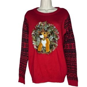 Ugly Christmas Sweater 3D Reindeer on Tinsel Wreath Red